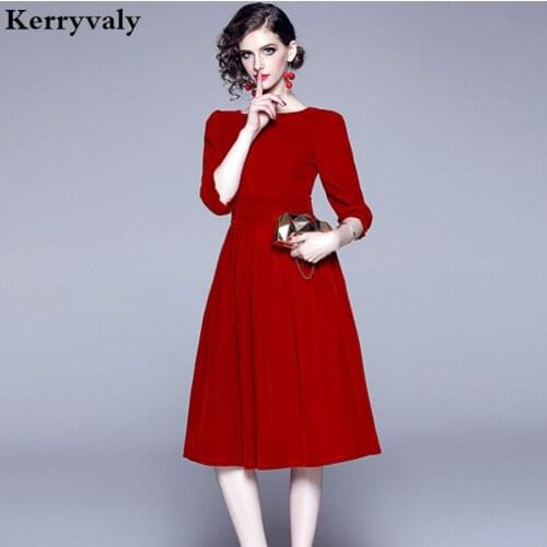 New Women Red Christmas Gothic Velvet Winter Dress Vestido Invierno Mujer 2021 Midi Party Office Ladies Dresses Ropa Mujer K8869