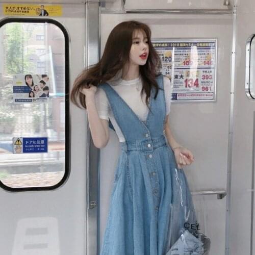 Women Fashion Denim Dress V-Neck Sleeveless Backless Pocket Denim Dresses Clothing Button Decoration Student Dress