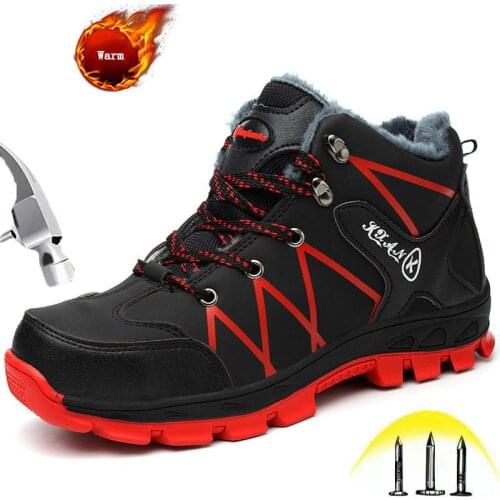 Winter Mens Safety Work Ankle Boots with Steel toe Male High top Ourdoor Waterproof Warm Fluff Neri Protective Work Shoes