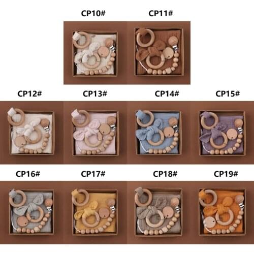 1 Set Pacifier Clips Chain Cotton Baby Bibs Teether Saliva Towel Pacifier Chain Bunny Ear Wooden Baby Gym Ring Teething Bracelet