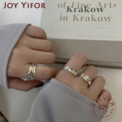 925 Sterling Silver Rings For Women Vintage Smile Face Female INS Simple Handmade Opening Finger Fashion Jewelry For Couple