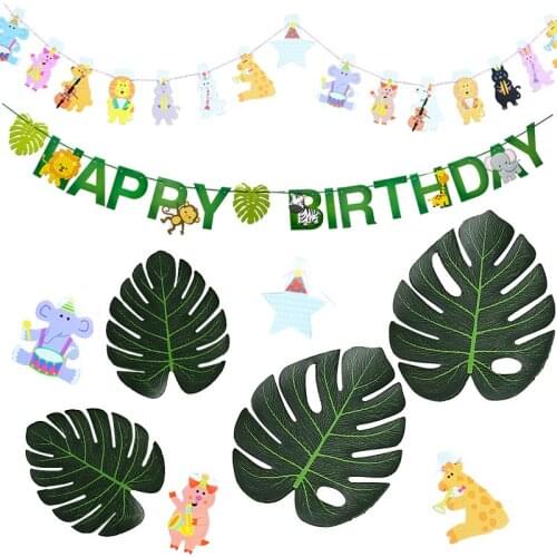 Laua/Safari Party Supplies 24pcs Green/Tropical/Palm Leaves Decoration Happy Birthday Banner Jungle Animal Banner Paper Garland