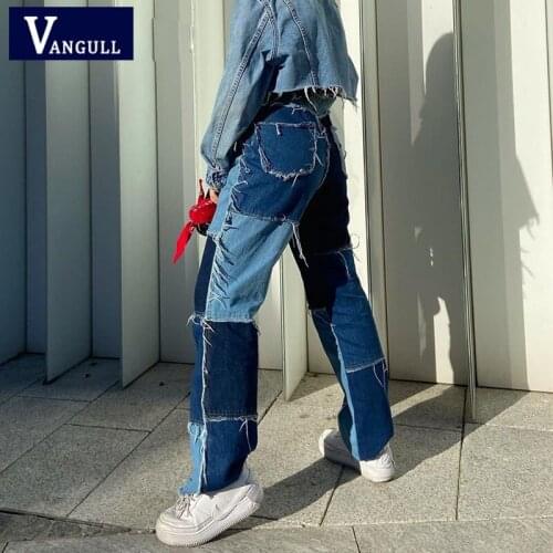 Vangull Y2K High Waisted Jeans Women New Casual Long Trouses Ladies Patchwork Fashion Denim Pants Capris Pocket Streetwear Pants
