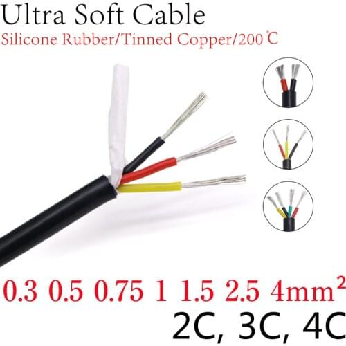 Square 0.3 0.5 0.75 1 1.5 2 2.5 4mm Ultra Soft Silicone Rubber Cable 2 3 4 Cores Insulated Flexible Copper High Temperature Wire
