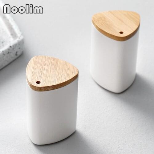 Japanese Style Ceramic Simple Toothpick Box with Wooden Cover Creative Cotton Swab Storage Box Home Organizer Kitchen Supplies