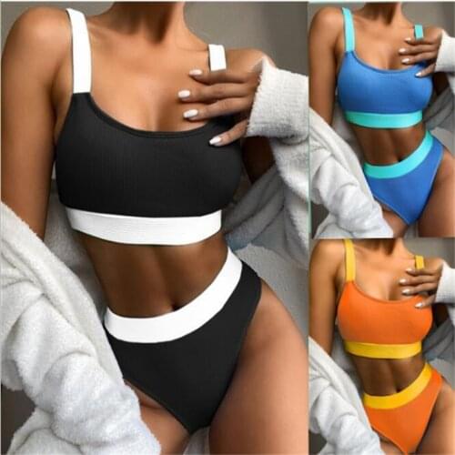 Lady High Quality Pit Strip Elastic QuickDry Sling Swimsuit Sexy High Waist Pure Color Stitching Wide Belt Split Bikini Swimwear