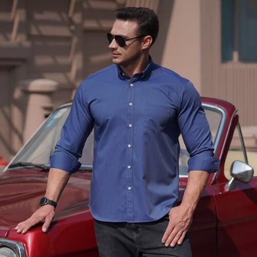 Mens Stretch Denim Solid Color Long Sleeve Loose Shirt Casual Oversize Fashion Large Size 6XL 7XL 8XL 10XL plus size