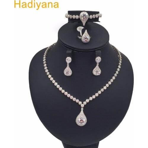 Hadiyana New Style Luxury Zircon 4pcs sets For Wedding Fashion Necklace Copper Costume Jewelry Set For Women CN062
