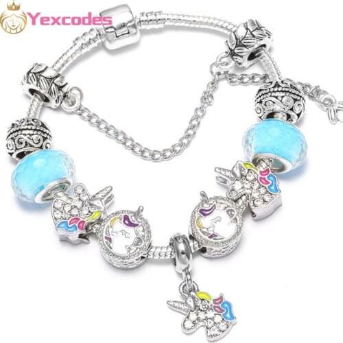 Original Colorful Enamel Unicorn Bracelet Fine Bangle with Crystal Beads Charm Bracelet for Women DIY Fashion Jewelry