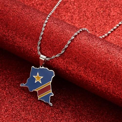 Democratic Republic of the Congo Map and Flag Pendant Necklaces Gold Color Ethnic Jewelry