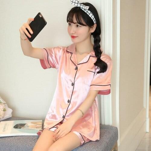 Two Piece Pijamas Womens Short Sleeve Silk Satin Pajamas Sets Summer Sleepwear Sexy Nightwear Women Pink Pyjamas Plus Size M-5XL