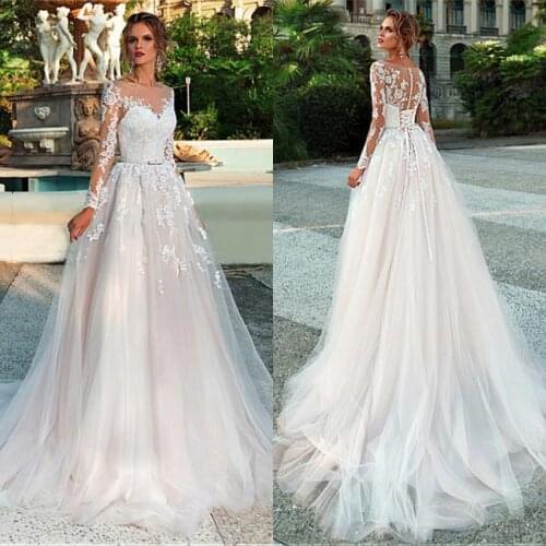 Long Sleeve A-Line Wedding Dresses Appliques Custom Made See Through Bridal Gowns 2020 Robe De Mariage