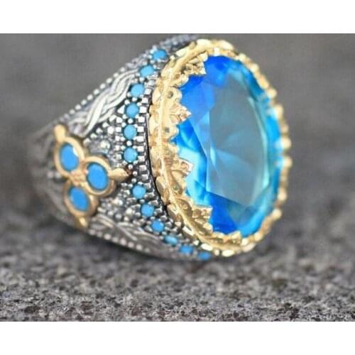 Retro Hand Carved Silver Plated Gold Plated Ring Fashion Mens Womens Sea Blue Gem Ring Engagement Ring Jewelry Size US 6-13