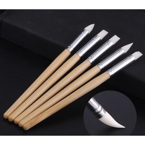 Rubber Brush Silicone/Aluminum Tube/Wooden for Ceramic Carving Multi-purpose Durable Nature Color 5Pcs/Set Soft Head