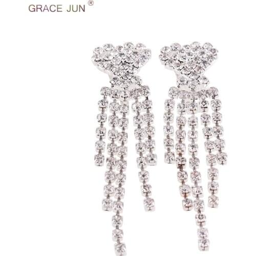 GRACE JUN Heart Tassel Clip on Earrings Without Pierced Fashion Bride Wedding Long Style Cuff Earrings Needn't Ear Hole Earrings