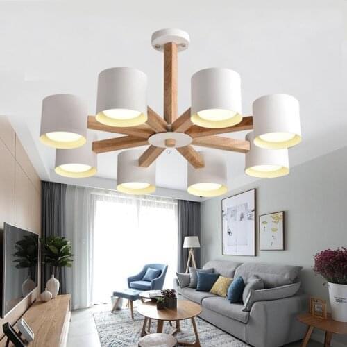 Modern wood chandelier With Iron White Lampshade Wood Lamp body Living room Bedroom Kitchen Wooden chandelier lighting fixtures