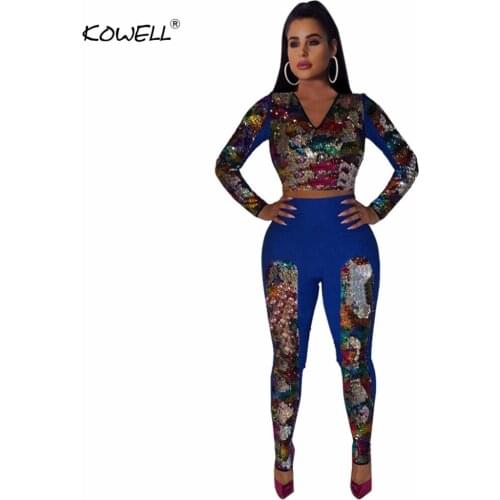 Two Piece Sweat Suit Women Clothes Sequined Patchwork Long Sleeve Crop Top+Long Pant Casual Tracksuit Club Outfits Matching Set