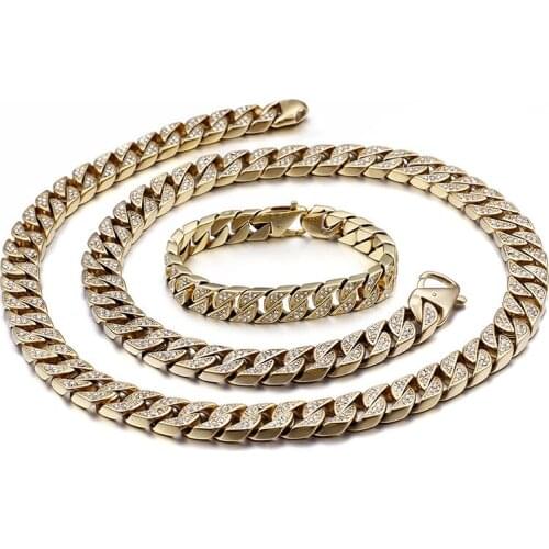 Hip Hop CZ Stone Paved Gold Stainless Steel Flat Cuban Link Chain Bracelet Necklace Sets for Men Rapper Jewelry
