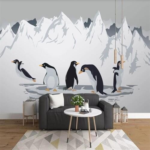 XUE SU Customized large mural wallpaper penguin snow mountain hand-painted cartoon background wall wall covering