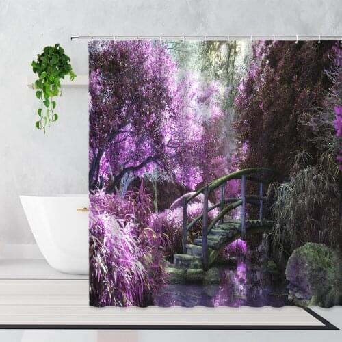 Purple Dream Forest Corridor Shower Curtain Plant Jungle Elk Home Decor Curtains Set Fabric Waterproof Bathtub Screen With Hooks