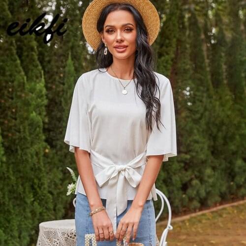 EIKFI Women Front Bowknot Belt White Blouse Summer Ladies Short Sleeve Back Button Round Neck Slim Fit Casual Tops and Blouse