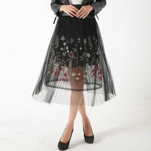 Spring Summer High Waist Flower Embroidery Mesh Midi Skirt Womens A-Line Boho Tulle Big Swing Pleated Beach Chic Skirts