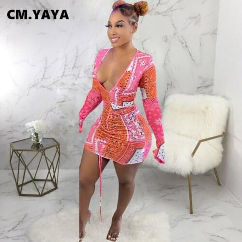 CM.YAYA Women Mini Dress Print Full Sleeve V-neck Shirring Skinny Dresses Sexy Night Clubwear Fashion High Streetwear Autumn