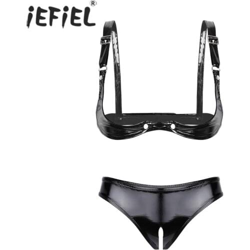 Womens Wet Look Patent Leather Lingerie Set Strapless Push Up Open Cup Bra Top with Open Crotch High Cut Mini Briefs Underwear