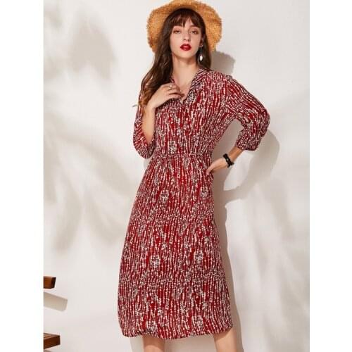 Autumn Print Pure Silk Dress 100% Mulberry Silk Women Three Quarter Sleeve A-line Full Dresses M L XL FREE SHIPPING