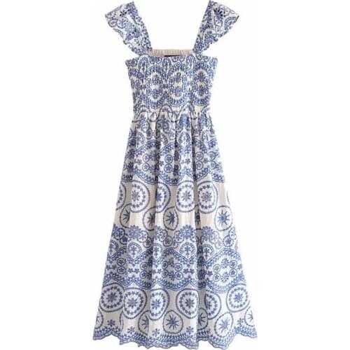 Eyelet EMBROIDERED DRESS women SQUARE NECKL DRESS RUFFLED STRAPS SMOCKED bodice summer dress slit boho dress party wear