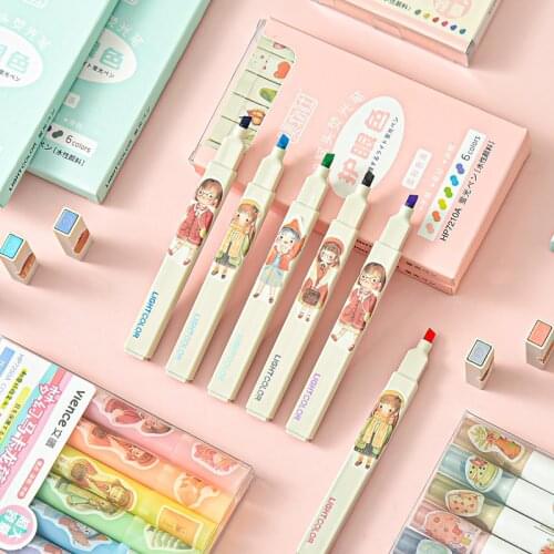 6 Colors/set Super Soft Color Highlighter Pen Unique Oblong Soft Tip Morandi Color for school art marker Stationery hilighter