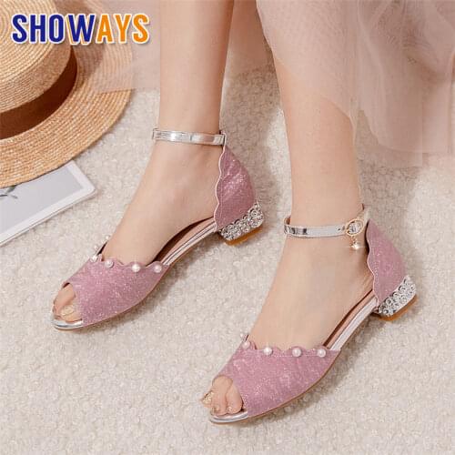 Lovely Pink Silver Women Sandals Glitter PU Low Square Heels Summer Office Party Ladies Lolita Pearl Ankle Strap Peep Toe Shoes