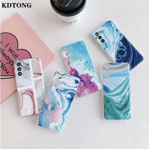 Coral Marble Phone Case for Samsung Galaxy S21 Ultra Plus A72 A52 A42 A12 Shell Glossy Soft IMD Camera Protection Back Cover