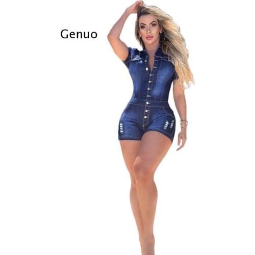 Women Denim Jumpsuit Short Sleeve Turn-Down Collar Single-Breasted Bodycon Rompers Sexy Club Playsuit Overall Outfits