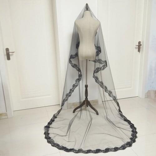 One-Layer Wedding Veils Black Short Veil For The Bride Velo De Novia Corto Appliqued Voile Mariage 3m Wedding Veil Cathedral