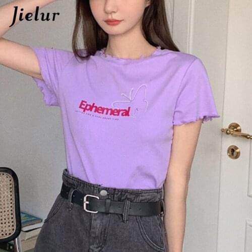 Jielur Butterfly Letter Print Short-sleeved Womens T-shirt Purple O-neck Woman T-shirts Edible Tree Fungus Top Female 2021 S-L