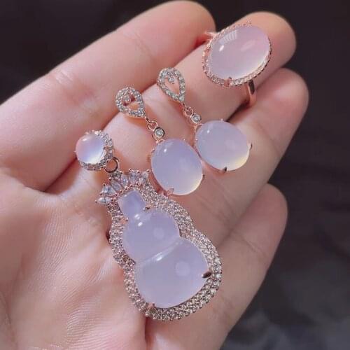 LETSFUN Fine Jewelry 925 Silver Inlaid Natural Chalcedony Pendant Necklace Ring Bracelet Set Gifts Free Shipping