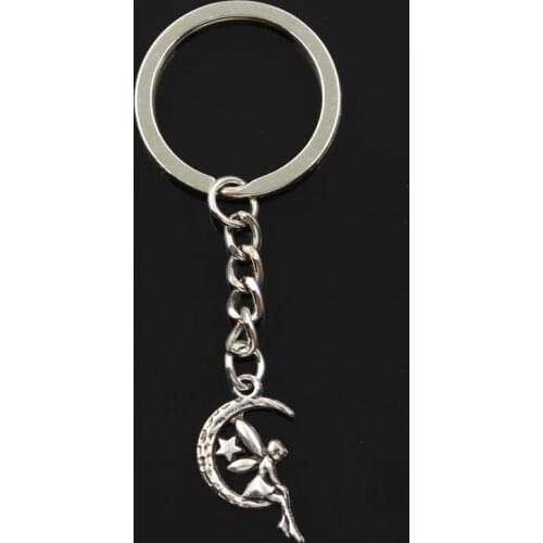 Fashion 30mm Key Ring Metal Key Chain Keychain Jewelry Antique Bronze Silver Color Plated Fairy Angel Moon Star 25x14mm Pendant