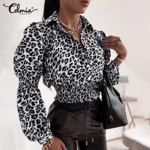Fashion Shirts Celmia Women Vintage Leopard Printed Tunic Tops 2021 Long Puff Sleeve Buttons Shirt Elegant Office Casual Blusas