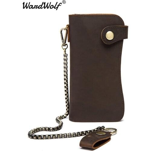 WardWolf Genuine Leather Wallet Mens Clutch Wallets Purse Chain Motocycle Style Credit Card Holder Metal Crazy Horse Leather