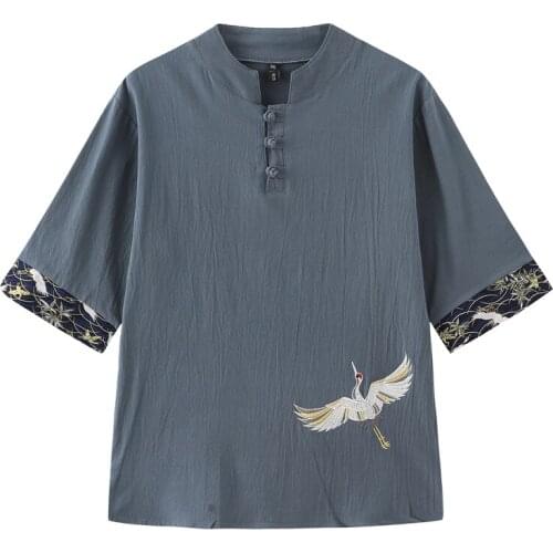 Chinese Style Men Crane Embroidery Coil Loose Black White Ancient Style Tang Suit Han Suit T Shirt Summer Street Fashion T Shirt