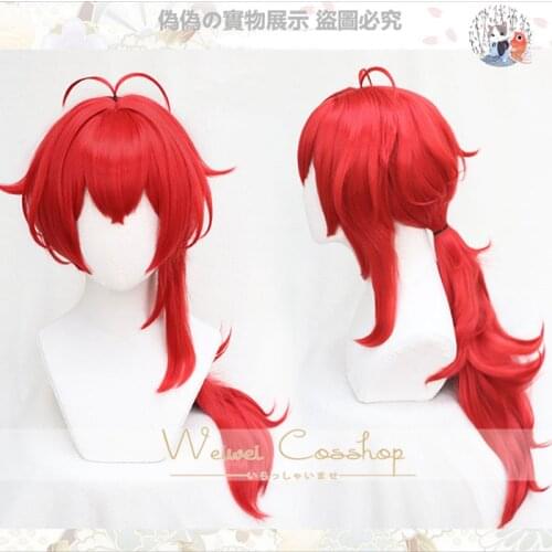 High Quality Game Genshin Impact Diluc Cosplay Wigs Red Long Cosplay Wig Ponytail Wigs Heat Resistant Synthetic Hair Halloween