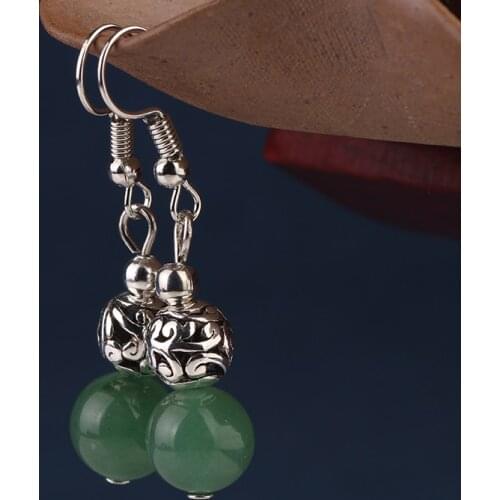 Nature stones dangle ethnic Tibetan silver ball earrings vintage fashion beaded jewelry green