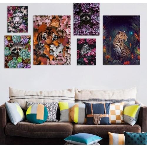 Flower Wild Animal Tiger Raccoon Abstract Canvas Painting Hot Selling Wall Art Picture Posters Living Room Decoration Home Decor