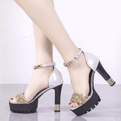 Sequins Platform Sandals Women Summer High Heels Shoes Fashion Peep Toe Slides Zapatos Mujer Black gray red Hollow Pumps 12cm