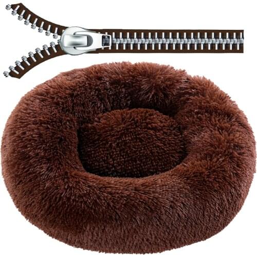Round Plush Dog Bed with Zipper House Dog Cat Mat Winter Warm Sleeping Cats Nest Soft Long Plush Dog Basket Pet Cushion Portable