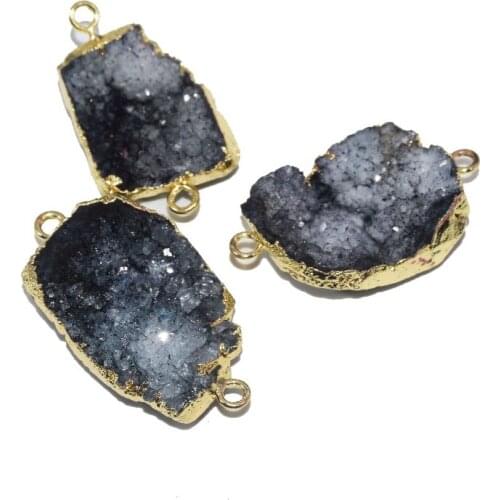 Geode Druzy Black stone connector for jewelry making women 2020 raw crystal quartz gold plating pendant large charms double loop