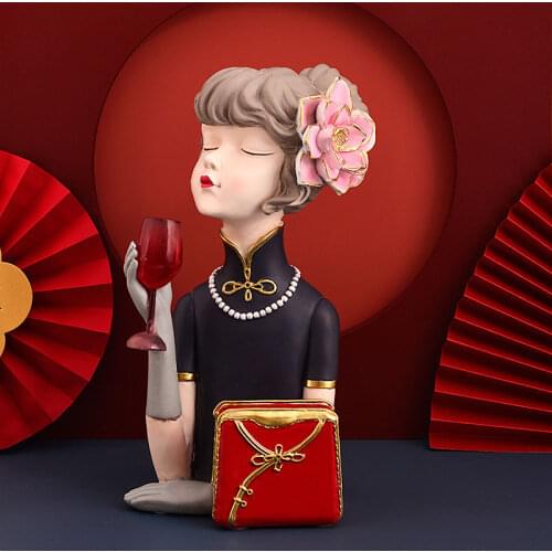 Chinese Cheongsam Girl Vase Storage Tray Resin Sculpture Bookcase Figurines Crafts Home Livingroom Desktop Ornaments Decoration