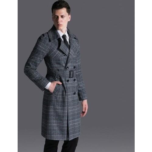 Vintage plaid trench coat mens medium-long coats 2020 spring and autumn casual long sleeve double breasted outerwear plus size
