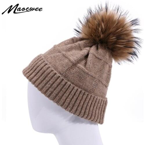 High Quality Winter Wool Knit Beanie Women Real Natural Fur Pompom Warm Solid Color Casual Hat Female Skullies Cotton Bonnet